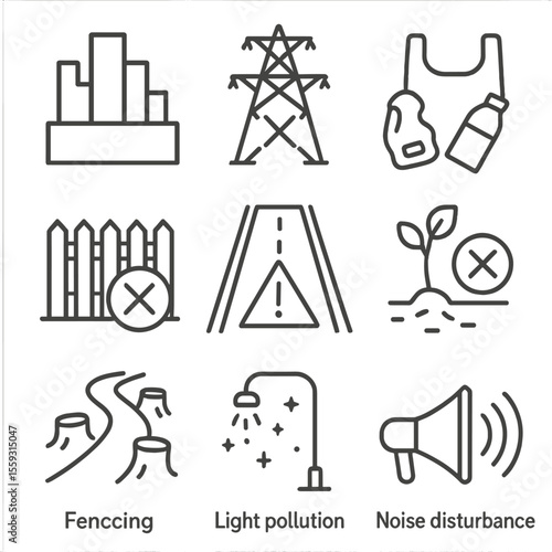 Migration Obstacles Icons. Line style icons of obstacles during migration: city skyline barrier, power line hazard, plastic waste