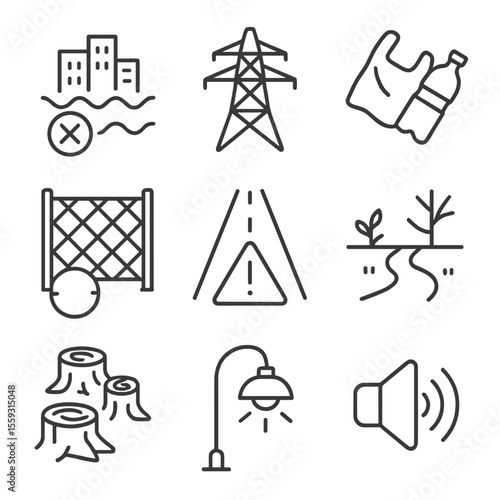 Migration Obstacles Icons. Line style icons of obstacles during migration: city skyline barrier, power line hazard, plastic waste
