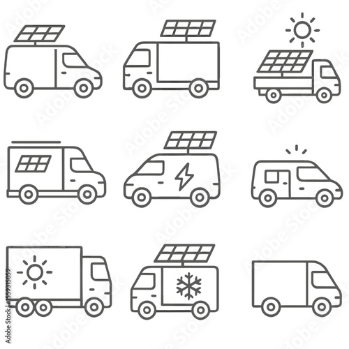 Solar Powered Vehicles. Line style icons of solar trucks and delivery vehicles: solar cargo van, box truck with solar panels,