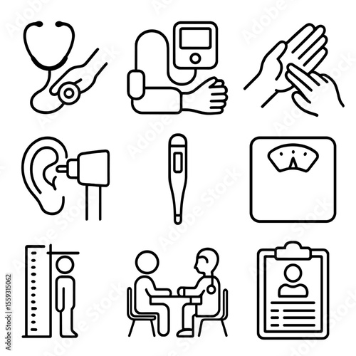Health Checkup Icons. Line style icons of general health checkup: stethoscope exam, blood pressure monitor, pulse check, ear