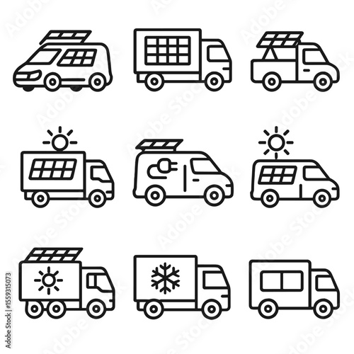 Solar Powered Vehicles. Line style icons of solar trucks and delivery vehicles: solar cargo van, box truck with solar panels,