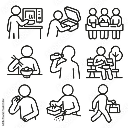 Lunchtime Routine Icons. Line style icons of lunchtime routine silhouettes: heating lunch, opening lunchbox, sitting with