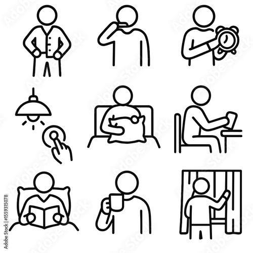 Sleep Routine Icons. Line style icons of sleep preparation silhouettes: changing into pajamas, brushing teeth, setting alarm,