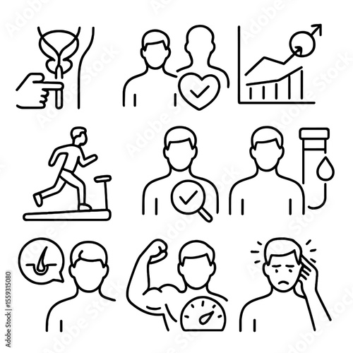 Male Health Icons. Line style icons of male health screening: prostate exam symbol, heart check icon, testosterone chart, fitness
