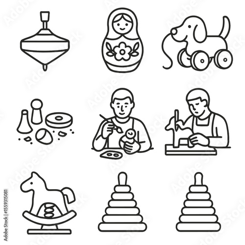 Folk Toy Icons. Line style icons of folk toy making: wooden spinning top, painted nesting doll, pull toy on wheels, handmade