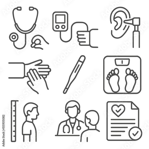 Health Checkup Icons. Line style icons of general health checkup: stethoscope exam, blood pressure monitor, pulse check, ear