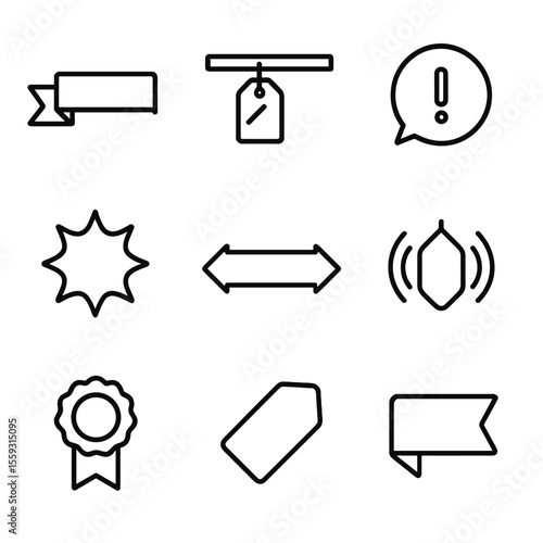 Promotional Icon Set. Line style icons of promotional markdown banners: ribbon banner icon, tag on product shelf, red alert bubble