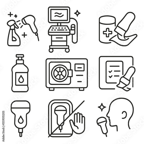 Ultrasound Hygiene Icons. Line style icons of ultrasound hygiene and maintenance: probe disinfection icon, cleaned equipment cart,