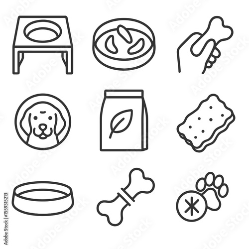 Senior Pet Feeding Aids. Line style icons of senior pet feeding aids: raised feeder stand, slow feeder with ridges, easy-grip