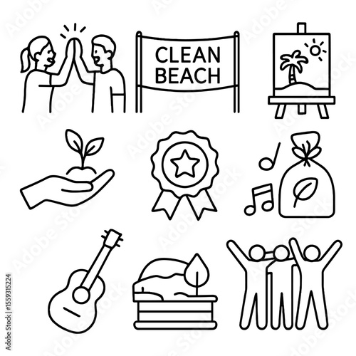 Eco Celebration Icons. Line style icons of post-cleanup celebration: high five volunteers, clean beach banner, eco cake icon,