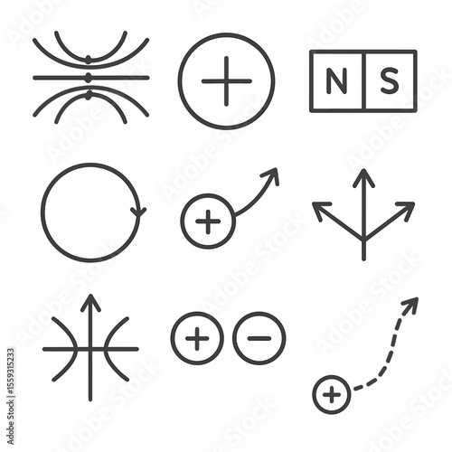 Electromagnetic Concepts Icons. Line style icons of basic electromagnetic concepts: magnetic field lines, electric charge symbol,