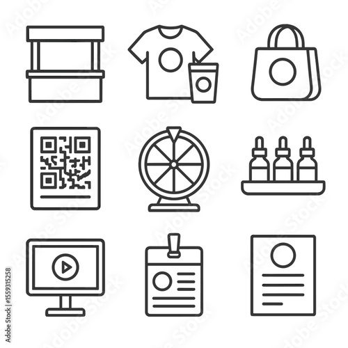Trade Show Icons. Line style icons of trade show and expo promotions: branded booth, free swag icon, trade show bag, QR code