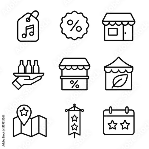 Event Promotion Icons. Line style icons of event-based promotions: concert promo tag, festival deal badge, pop-up shop icon,