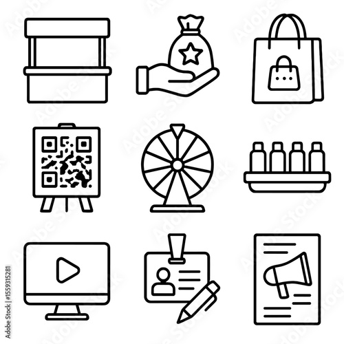 Trade Show Icons. Line style icons of trade show and expo promotions: branded booth, free swag icon, trade show bag, QR code