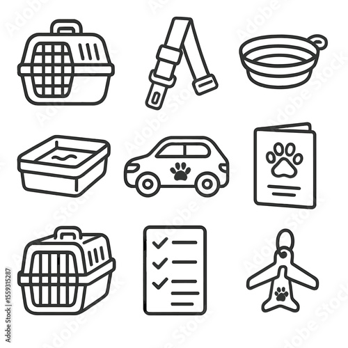 Pet Travel Essentials. Line style icons of pet travel and transport: pet carrier, pet seatbelt, travel bowl icon, portable litter