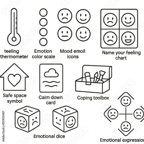 Emotional Check-In Icons. Line style icons of emotional check-ins and regulation: feeling thermometer, emotion color scale, mood