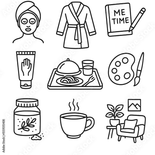 Self-Care Icons. Line style icons of self-care and personal time: spa face mask, cozy robe, “me time” journal, pampering hand