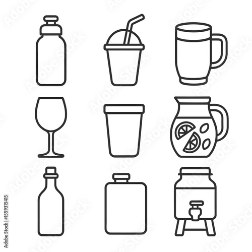 Picnic Drinkware Icons. Line style icons of picnic drinkware: reusable water bottle, juice cup with straw, thermos mug, wine glass