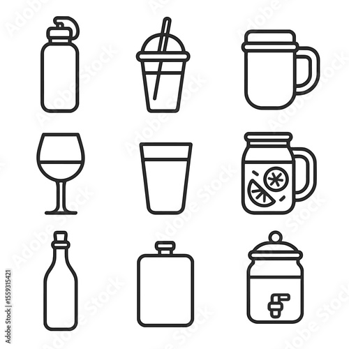 Picnic Drinkware Icons. Line style icons of picnic drinkware: reusable water bottle, juice cup with straw, thermos mug, wine glass