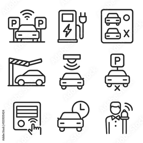 Smart Parking Icons. Line style icons of smart parking and EV: smart parking slot, EV charging station, parking availability