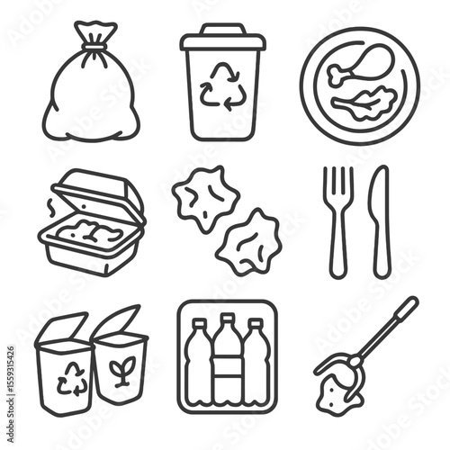 Picnic Cleanup Icons. Line style icons of picnic waste and cleanup: trash bag icon, recycling bin, compostable plate, leftover