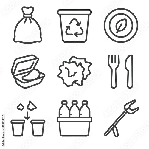 Picnic Cleanup Icons. Line style icons of picnic waste and cleanup: trash bag icon, recycling bin, compostable plate, leftover
