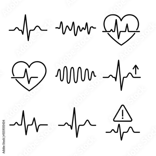 ECG Line Style Icons. Line style icons of heart rhythm and ECG findings: PQRST wave diagram, arrhythmia waveform, tachycardia