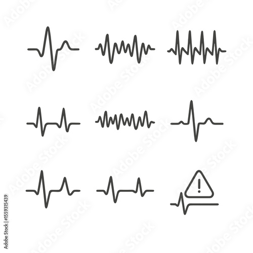 ECG Line Style Icons. Line style icons of heart rhythm and ECG findings: PQRST wave diagram, arrhythmia waveform, tachycardia
