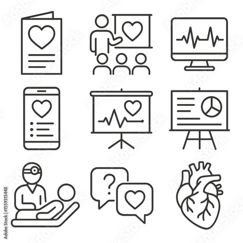 Heart Health Icon Set. Line style icons of patient education tools: cardiovascular pamphlet, heart health workshop, animated ECG