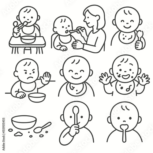 Baby Meal Time Icons. Line style icons of meal time scenes: baby eating in high chair, caregiver feeding baby, baby trying spoon,