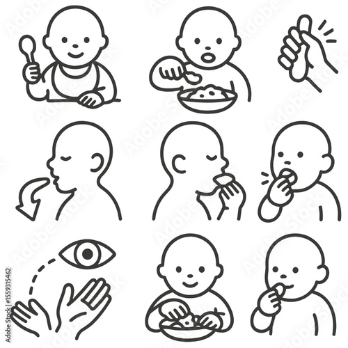 Baby Feeding Stages. Line style icons of feeding development: baby holding spoon, baby self-feeding, improving grip icon, chewing
