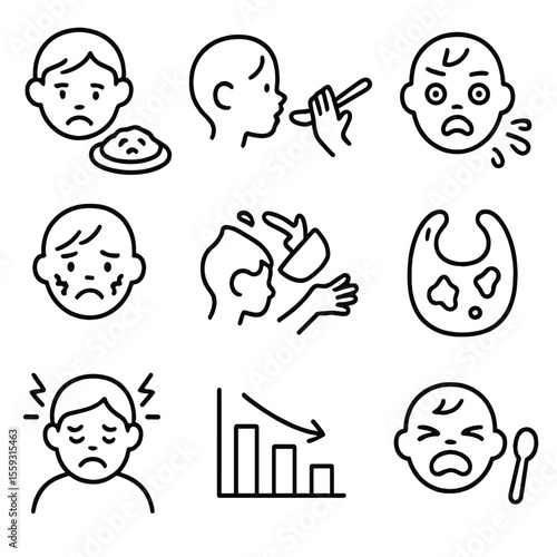 Feeding Challenges Icons. Line style icons of feeding challenges: food refusal icon, spoon pushed away, gag reflex icon, allergic