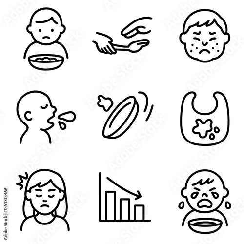 Feeding Challenges Icons. Line style icons of feeding challenges: food refusal icon, spoon pushed away, gag reflex icon, allergic