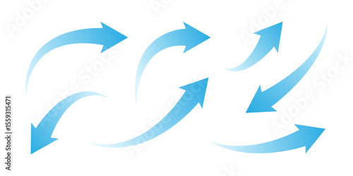Set of blue gradient curved arrows. Dynamic Arrow icon set. Smooth flow style. Great for infographic, presentations, UX design, motion graphic, business direction, marketing materials, navigation