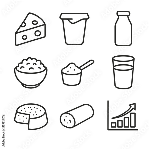 Dairy Protein Icons. Line style icons of dairy protein sources: cheese wedge, yogurt cup, milk bottle, cottage cheese bowl, whey