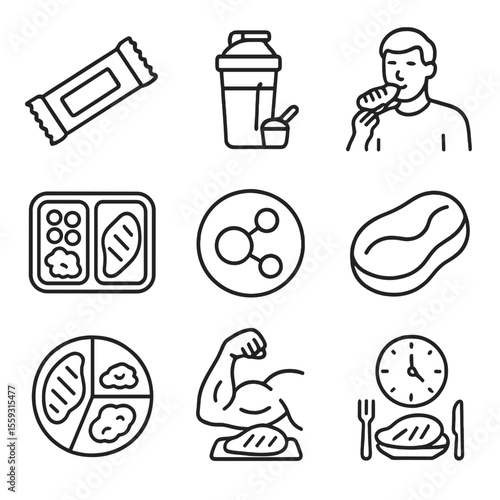 Sports Protein Icons. Line style icons of sports and performance proteins: protein bar package, whey shake bottle, athlete eating