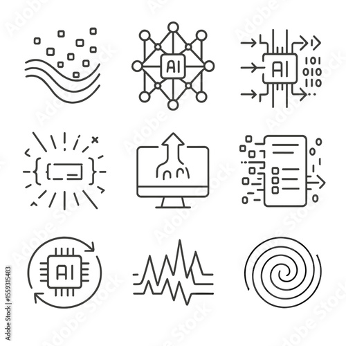 AI Data Icons. Line style icons of AI and machine learning data storm: training data wave, neural net overload, input-output flood
