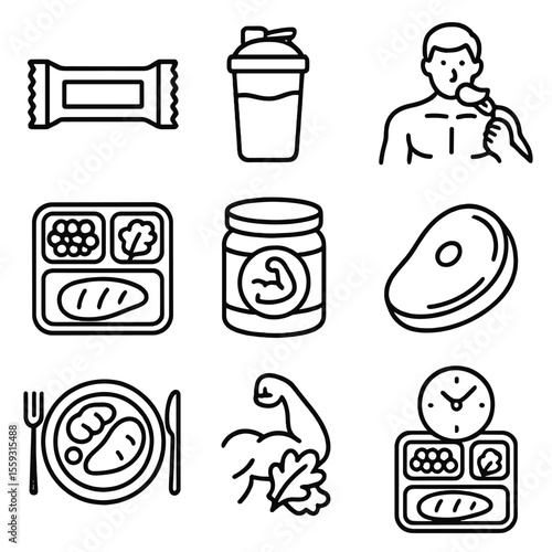 Sports Protein Icons. Line style icons of sports and performance proteins: protein bar package, whey shake bottle, athlete eating