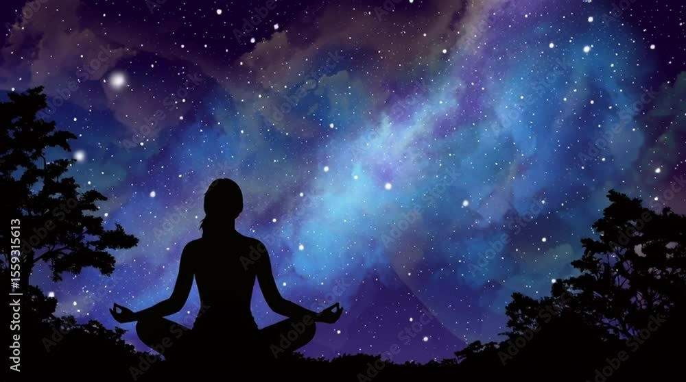 silhouette of a woman meditating in the night, yoga pose, stars, galaxy silhouette of a woman meditating in the night, yoga pose, stars, galaxy