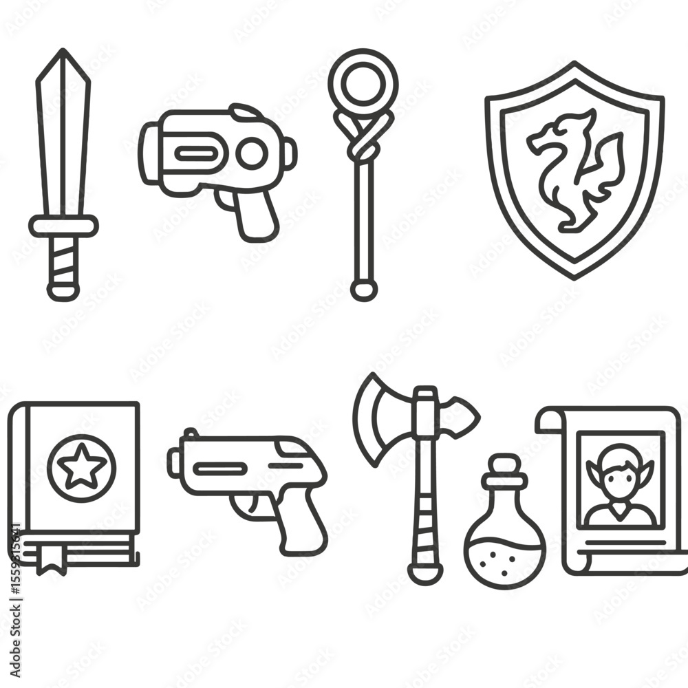 Iconic Cosplay Arsenal. Line style icons of cosplay weapons and props: foam sword, energy blaster, magic staff, shield with emblem Iconic Cosplay Arsenal. Line style icons of cosplay weapons and props: foam sword, energy blaster, magic staff, shield with emblem