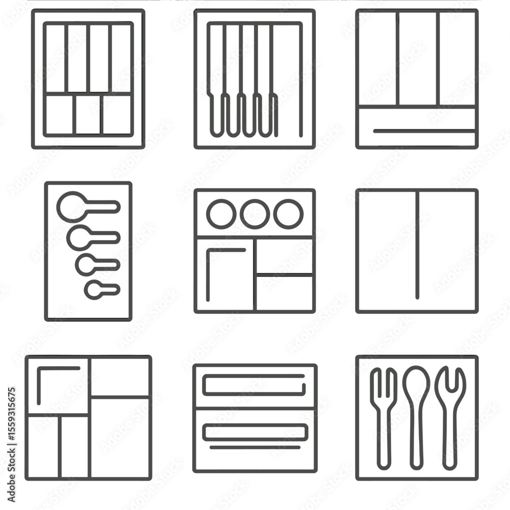 Obraz premium Kitchen Drawer Organizers. Line style icons of kitchen drawer organizers: cutlery tray, knife divider, utensil organizer,