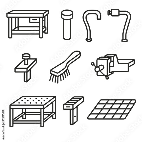 Workbench Icons Collection. Line style icons of bench and workstation items: workbench, bench dog, holdfast, bench vise, bench