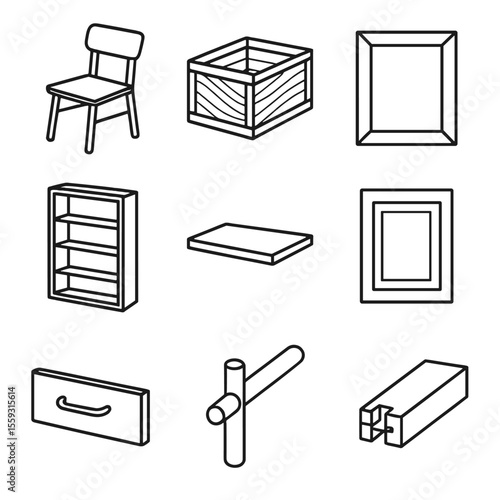 Carpentry Line Icons. Line style icons of carpentry-themed objects: wooden chair, wooden box, picture frame, bookshelf, table top,