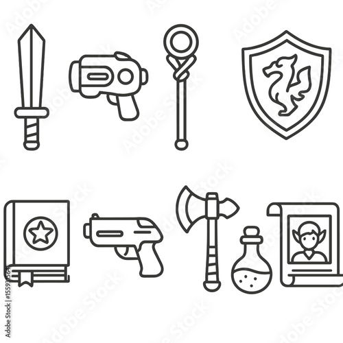 Iconic Cosplay Arsenal. Line style icons of cosplay weapons and props: foam sword, energy blaster, magic staff, shield with emblem