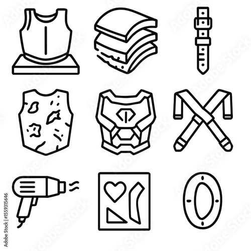 Armor Construction Icons. Line style icons of armor construction: breastplate mold, foam layering, armor strapping, battle-worn