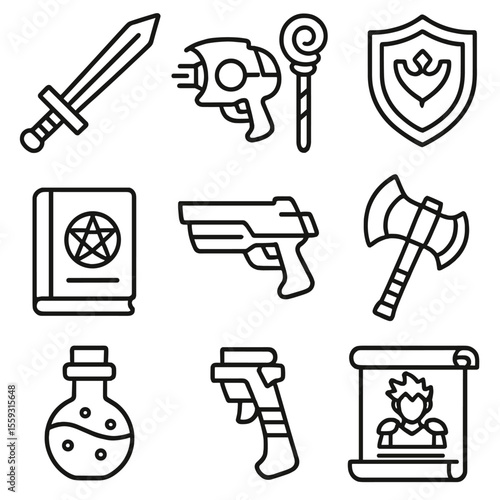 Iconic Cosplay Arsenal. Line style icons of cosplay weapons and props: foam sword, energy blaster, magic staff, shield with emblem