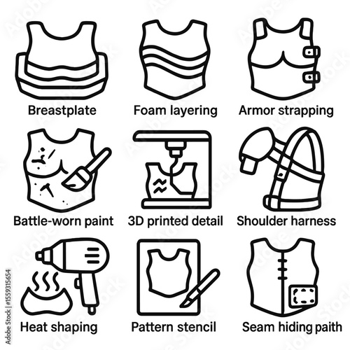 Armor Construction Icons. Line style icons of armor construction: breastplate mold, foam layering, armor strapping, battle-worn