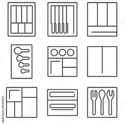 Kitchen Drawer Organizers. Line style icons of kitchen drawer organizers: cutlery tray, knife divider, utensil organizer,