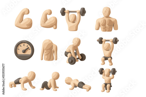 Cartoon fitness icons displaying various exercises and muscles