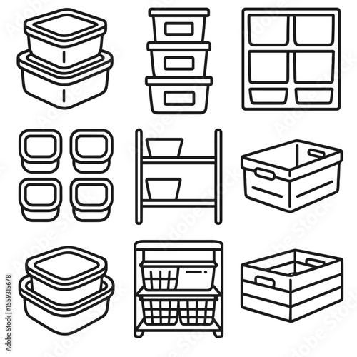 Modular Storage Icons. Line style icons of modular storage systems: square food boxes, labeled stackables, grid storage set, color